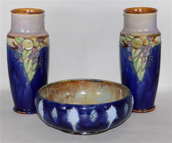 A pair of Doulton vases and a dish